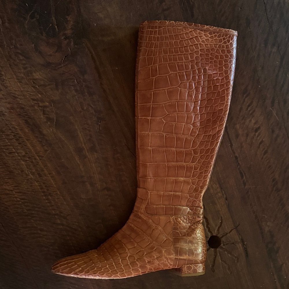 Brown Crocodile Knee-High Boots - Picture 2 of 6